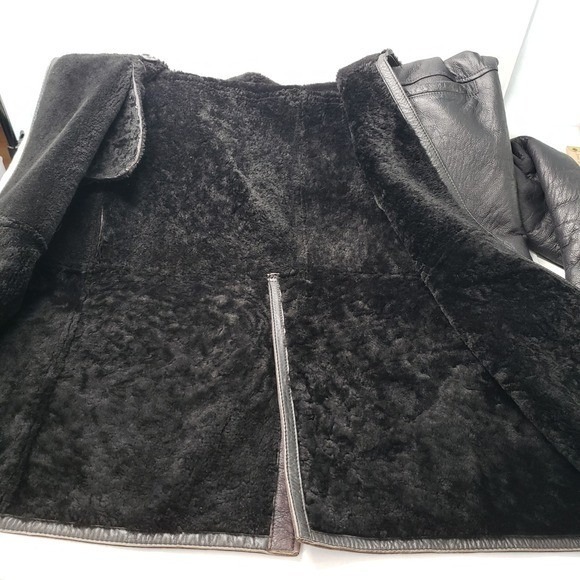 Vintage Patmos Long Leather Shearling Coat Womens Large Black Trench Full Length - Picture 16 of 16